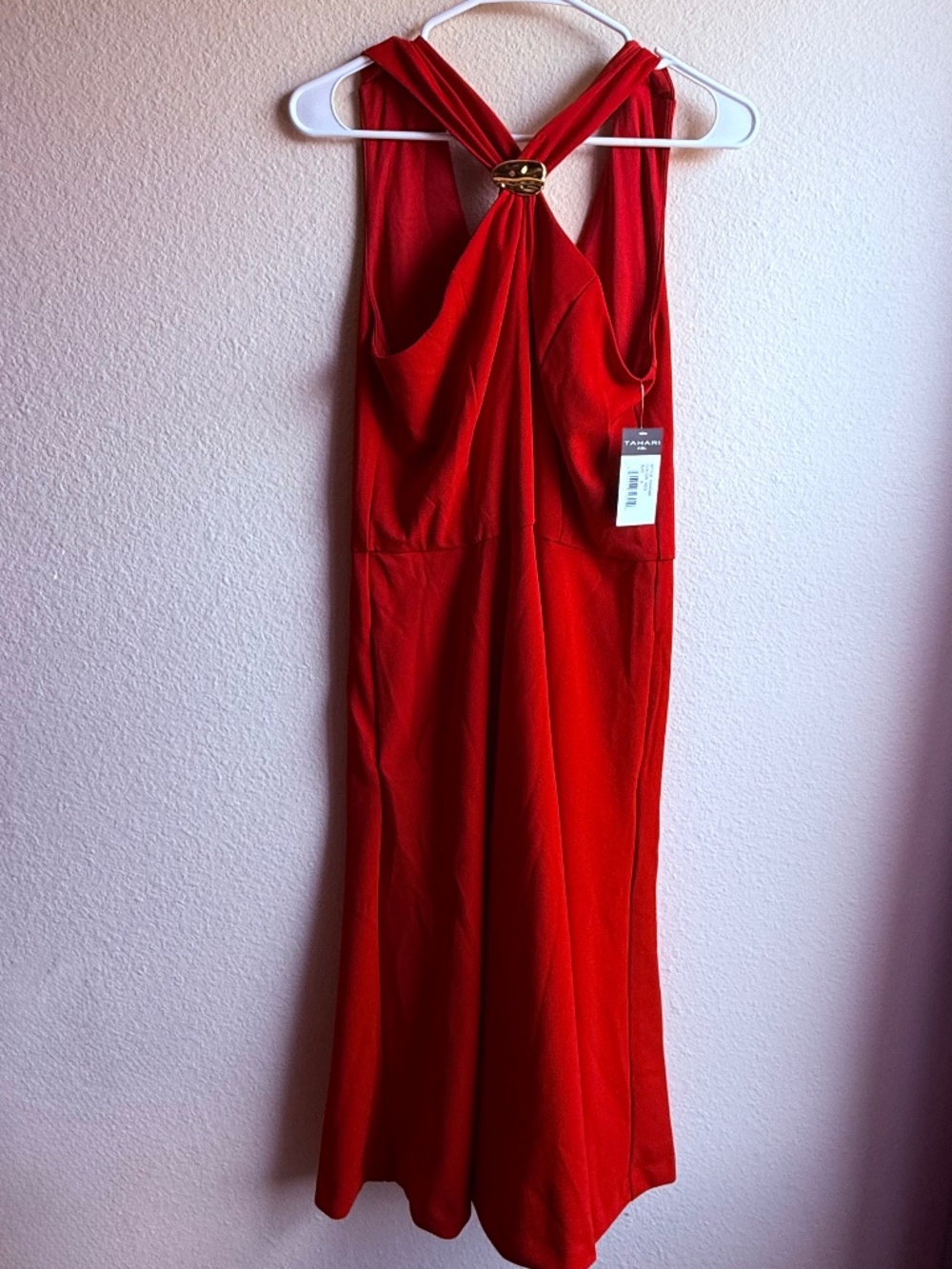 Tahari ASL Red Halter Neck Dress Gold Ring Hardware Women's Size 8 DAM988 NWT
